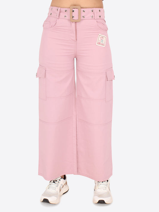 Girls Regular Fit Pink Lycra Blend Trousers