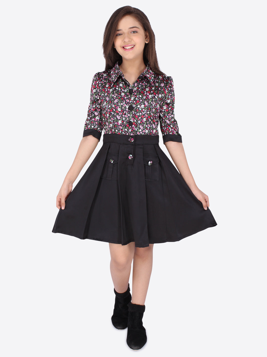 Girls Midi/Knee Length Casual Dress  (Black, 3/4 Sleeve)