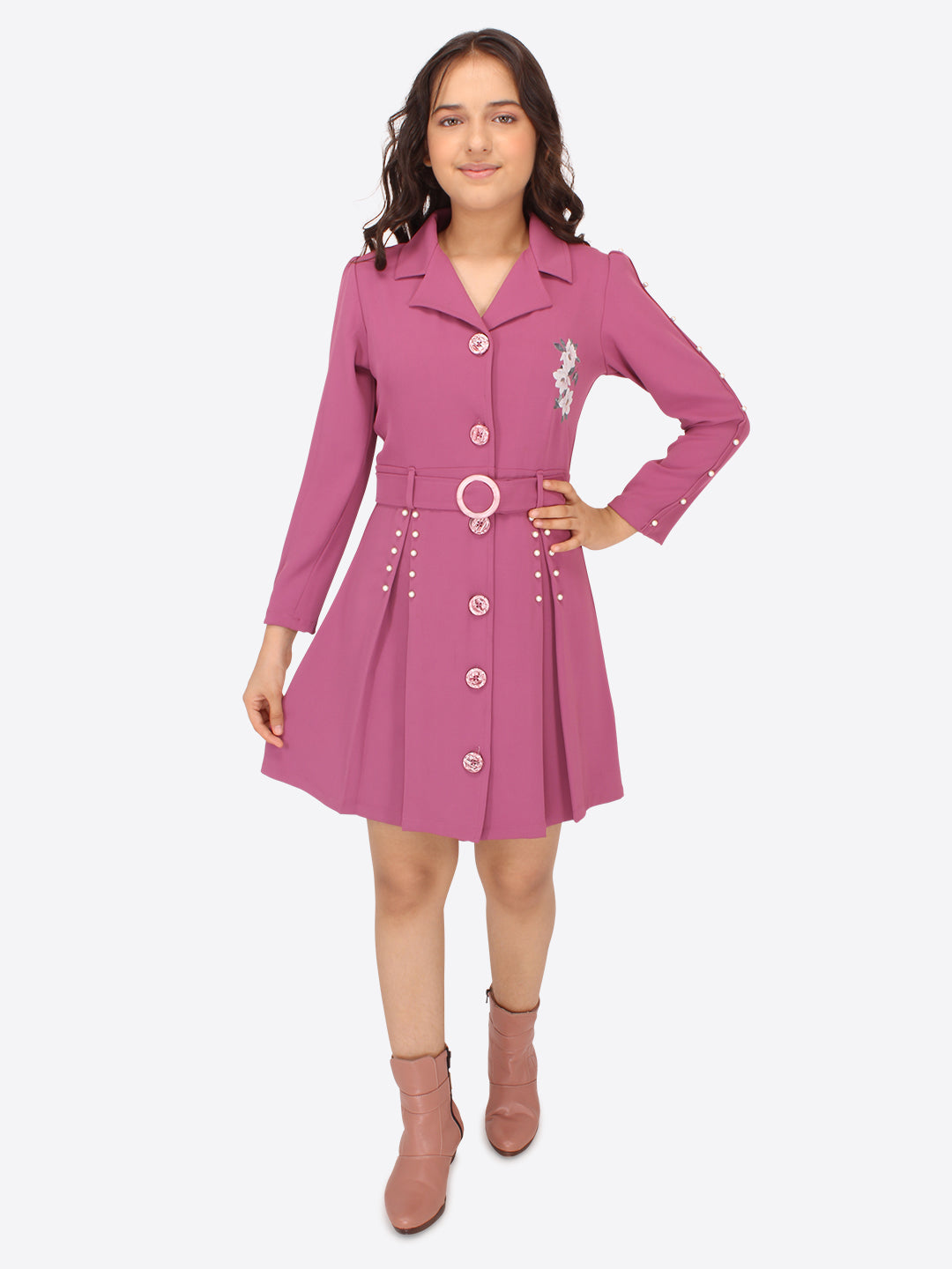 Girls Above Knee Party Dress  (Purple, Full Sleeve)