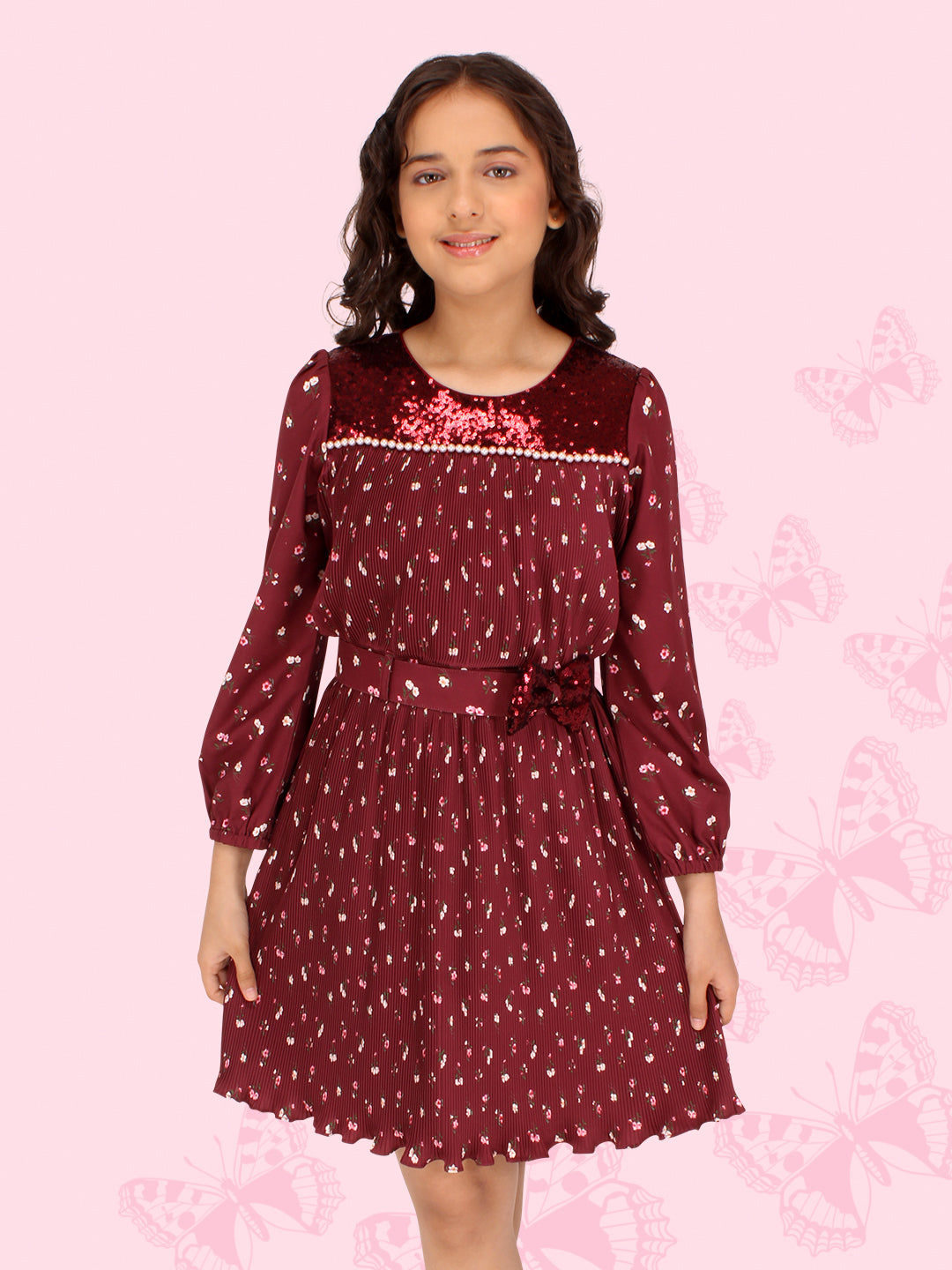 Cutecumber Girls Georgette Floral Printed Sequined Full Sleeves Dress with a Detachable Belt
