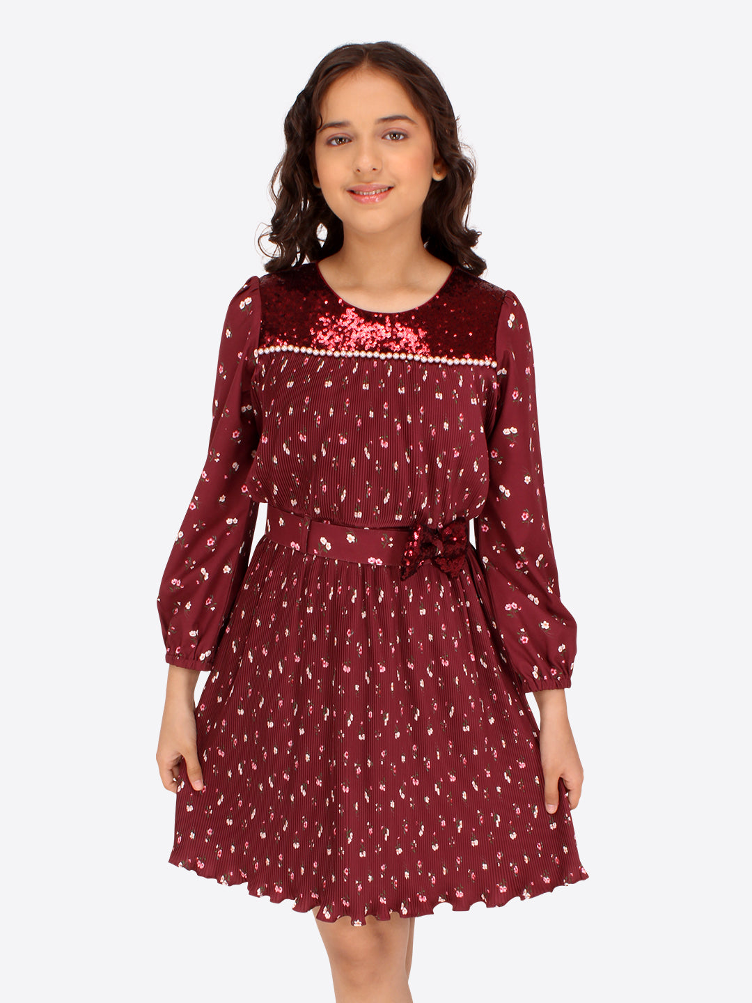 Cutecumber Girls Georgette Floral Printed Sequined Full Sleeves Dress with a Detachable Belt