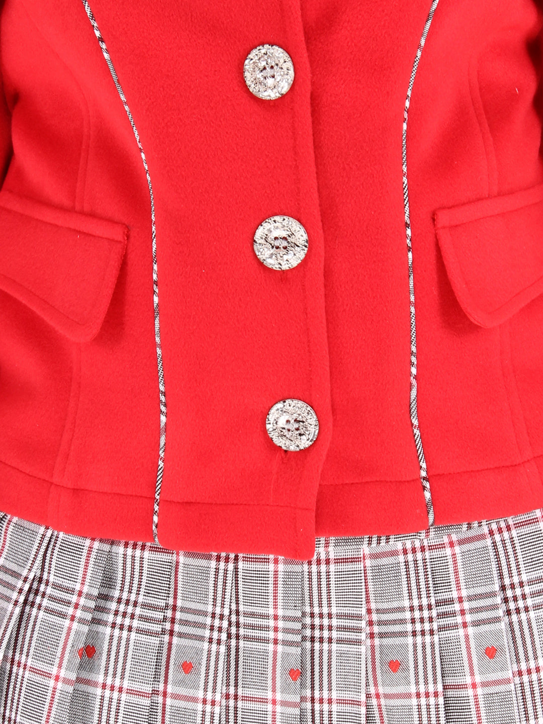Cutecumber Girls Fleece & Check Fabric Checkered Clothing Set.Full Sleeves Collared Neck Coat with Box Pleated Skirt